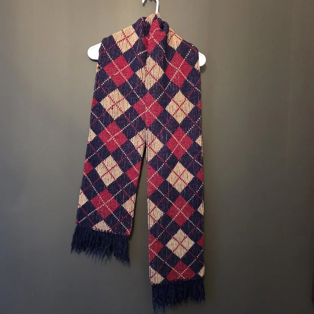 Winter Argyle Scarf Red Tan Navy Fringe‎ One Size Unbranded Unisex Warm Soft